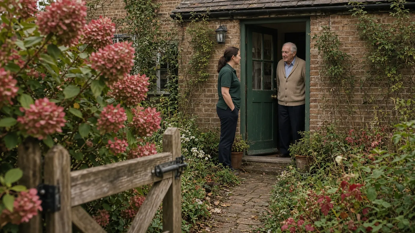 A carer in a green polo shirt talks with an older man standing at the open front door of a brick cottage, seen past a wooden garden gate and pink hydrangeas