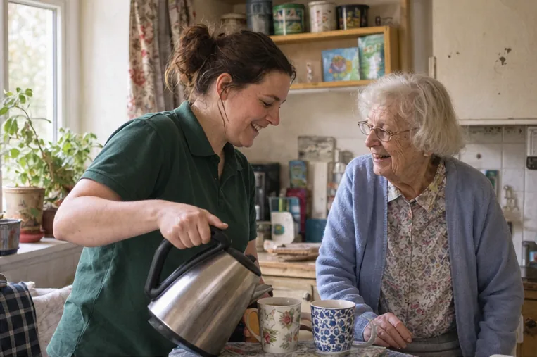 A carer pours hot water from a kettle into two mugs while an older woman in a blue cardigan smiles beside her in a home kitchen