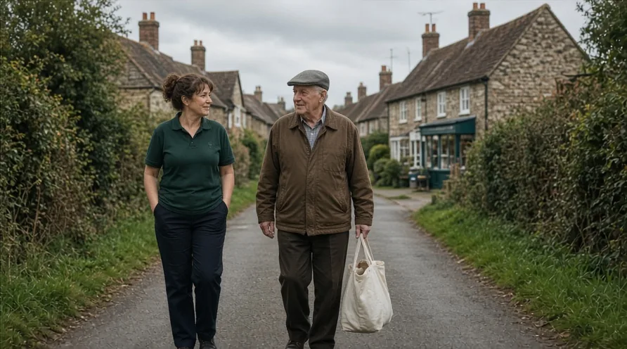 A carer and an older man in a flat cap, carrying a cloth shopping bag, walk and chat along a village lane lined with stone cottages